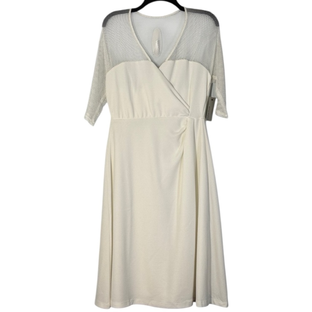 Kiyonna Dress White Mesh Detail Midi Faux Wrap 3/4 Sleeve in Size M/L NWT
